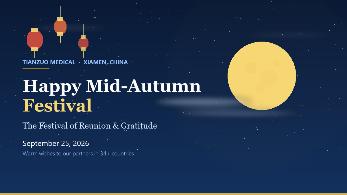 Happy Mid-Autumn Festival 2026 greeting from Tianzuo Medical, Xiamen China - full moon, lanterns and warm wishes to overseas partners